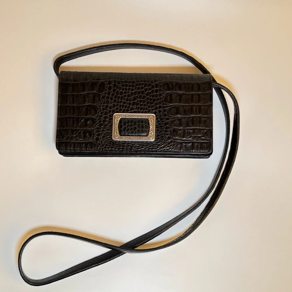 Brighton Vintage Black Crocodile-Embossed Clutch folding Crossbody Wallet